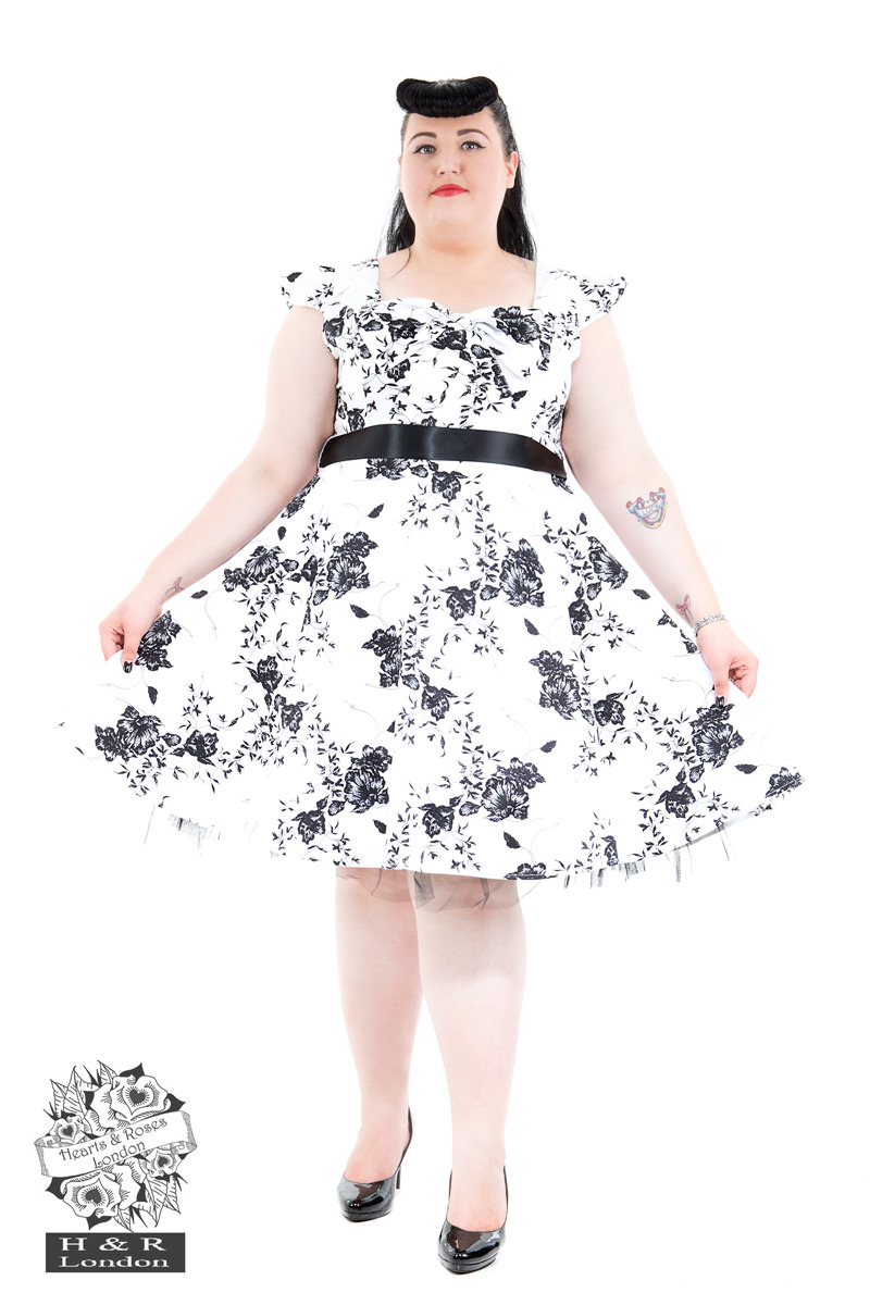 50's Imitation White Black Floral Tea Dress